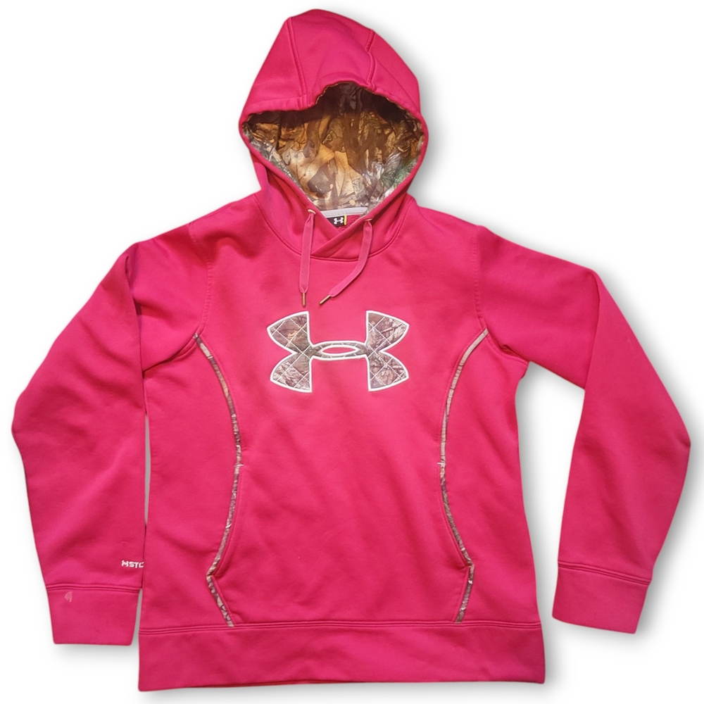 UNDER ARMOUR - Womans Pink Hoodie With Green Camouflage Detailing Size Medium